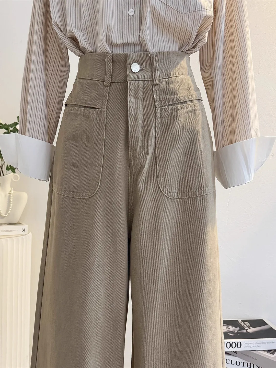 Khaki Washed Cotton Wide Leg Pants Women's High Waist Straight Loose Casual Pants Draping Floor-Length Trousers