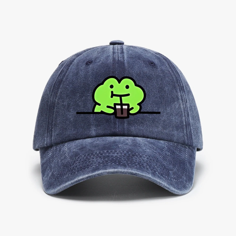 Cute Frog Pattern Print Washed Baseball Cap Classic Minimalist Retro Style Breathable Soft Fabric Cowboy hat