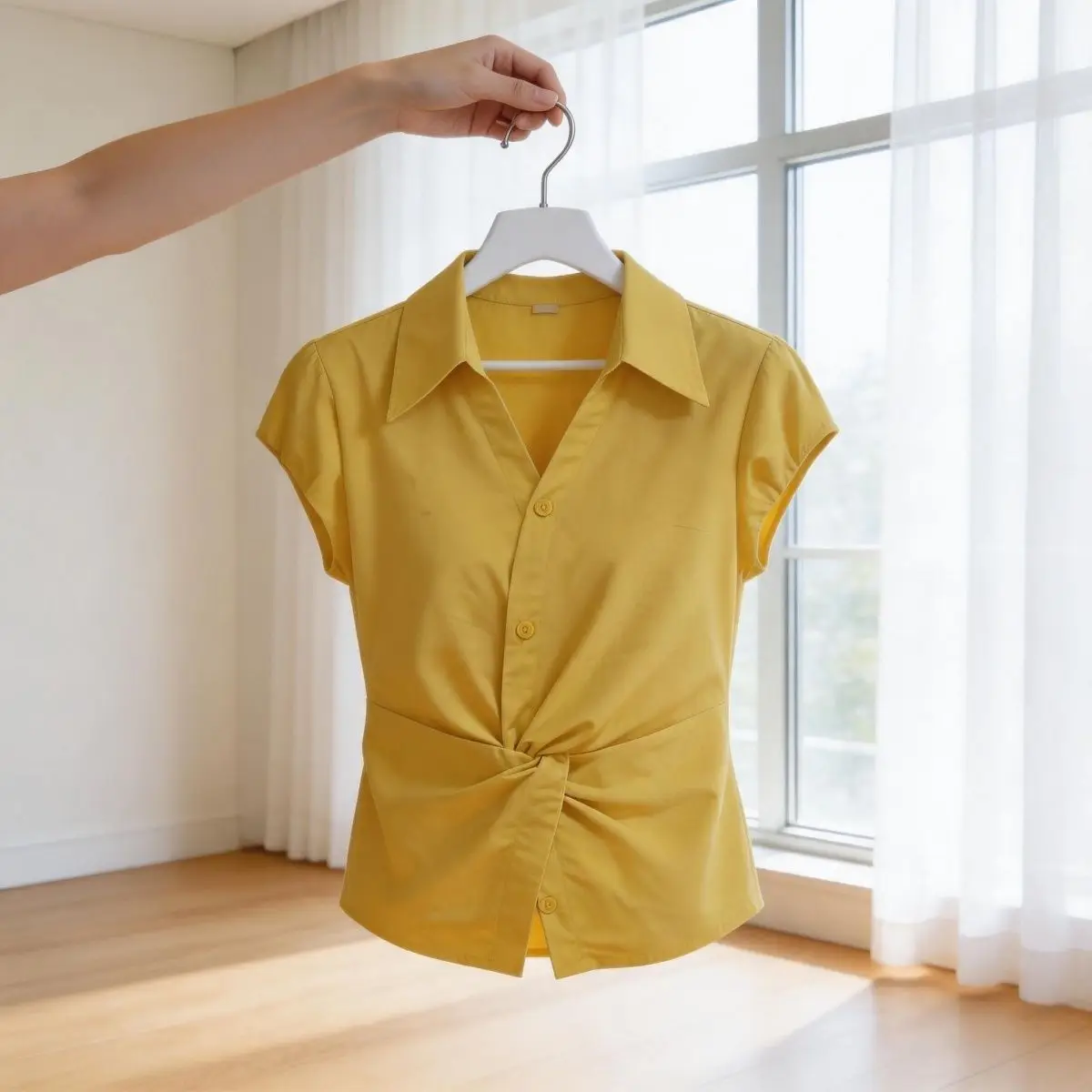 Summer Slimming Casual Style Short Sleeve Shirt Knot Waist Casual Collar Cover Belly Versatile Women's Fashion Top Polyester ...