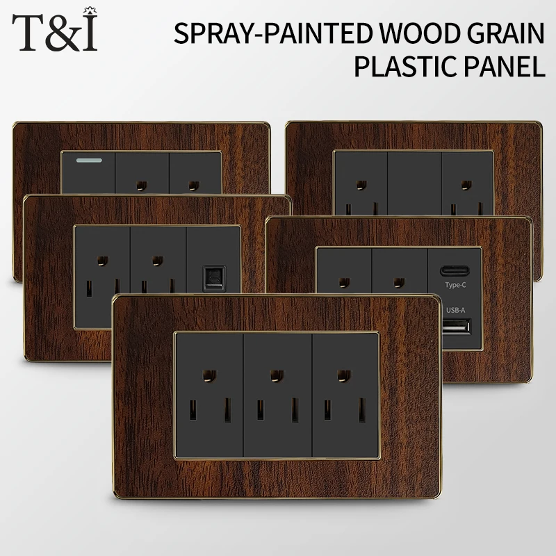 

118 Retro Wood Grain Wall Plate, Black US Standard Electrical Outlet Cover with Switch, Decorative Wall Socket Panel for Home