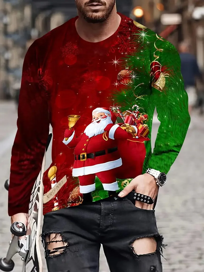 Men\'s Merry Christmas Long Sleeve T Shirt Clothes 3d Print Funny Santa Claus Pattern Tshirts Mens Large Size Tee Shirt Tops