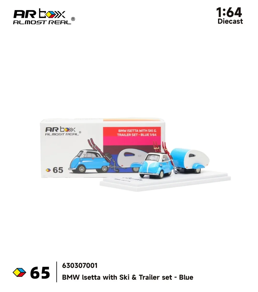 New Almost Real AR Box 1:464 Scale Mercedes Benz S-Class Pullman W220 2002 BMW Isetta with Ski Trailer Set Blue Alloy Car Toys