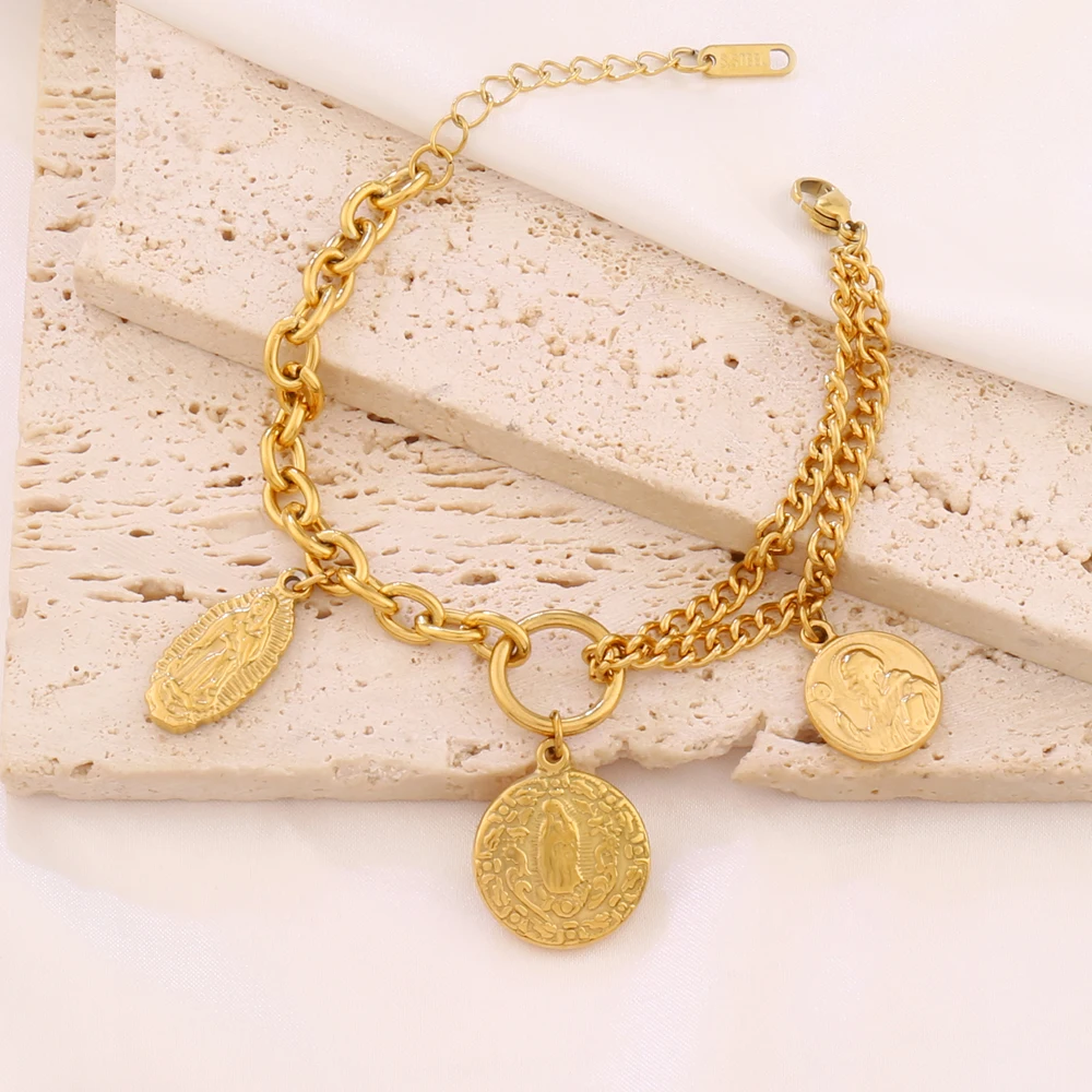 316L Stainless Steel Religious Pendant Bracelet For Women Gold Color Virgin Mary Pendant Chain Bracelets Jewelry