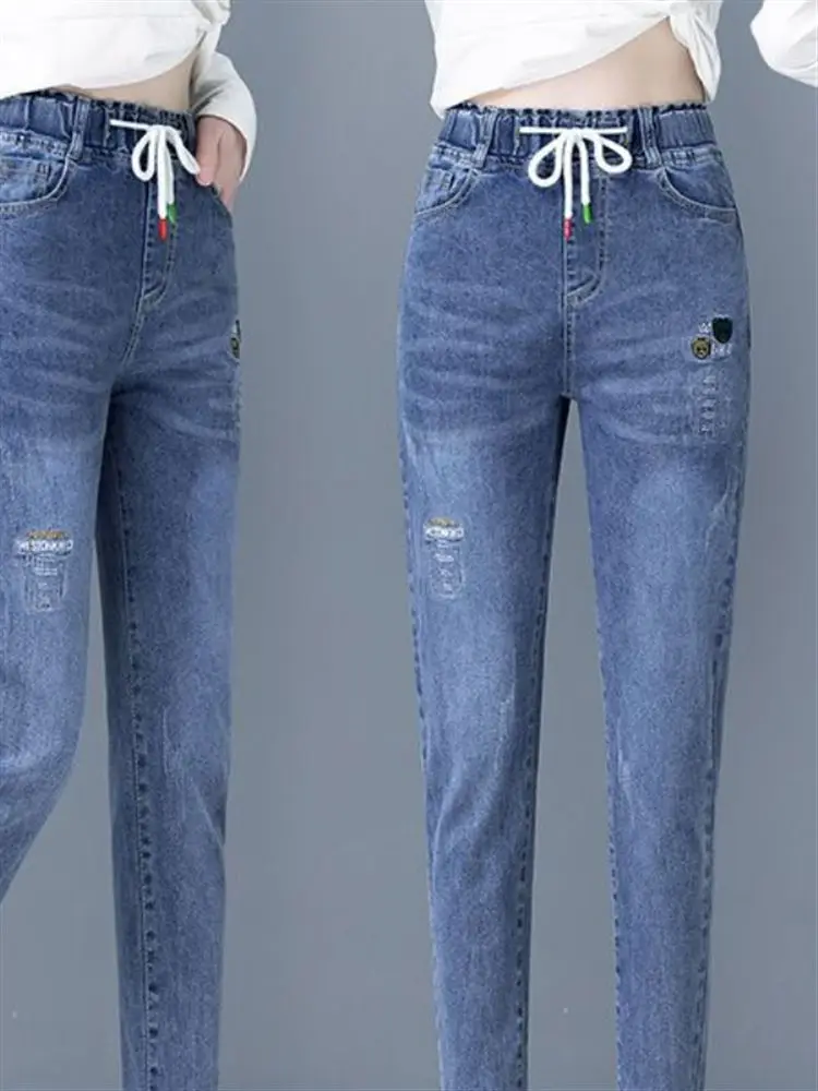 Faionable High-Waist Women's Stretchy Straight-Leg Jeans Dad Pants Spring Autumn New Sle Slimming Harlan Trousers