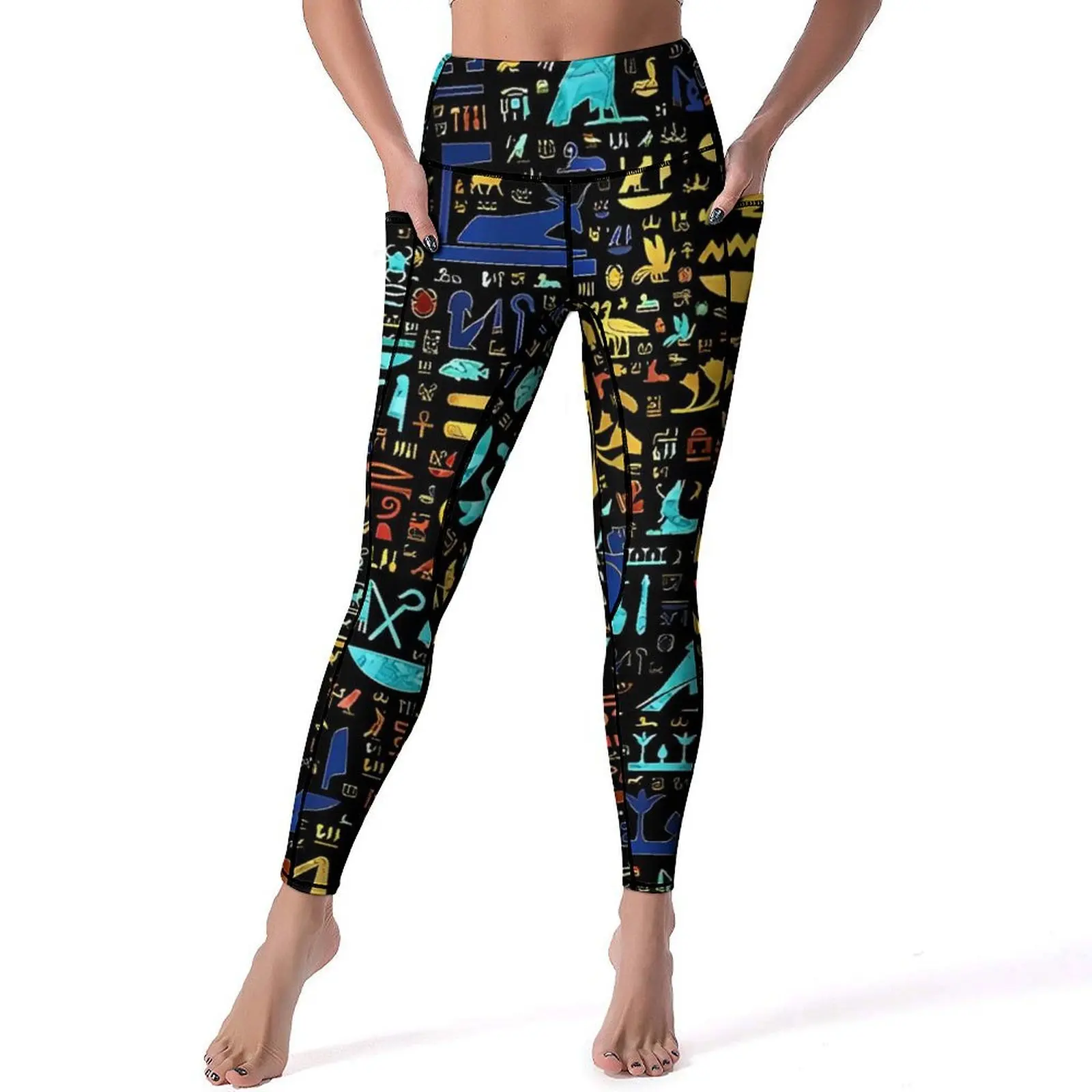 Colorful  Ancient Egyptian Art Hieroglyphic Leggings Sexy High Waist Yoga Pants Novelty Stretch Leggins Female Gym Sport Legging