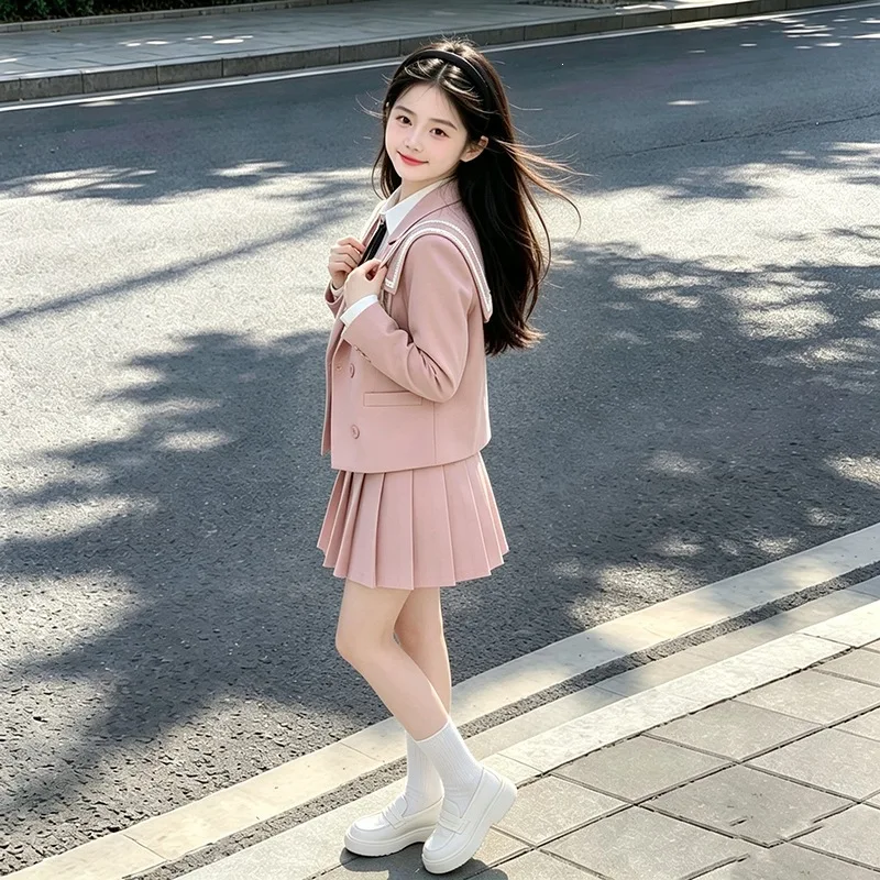 2026 Autumn Winter Girls Kids 2 Piece Child Outfits Teenager Suit Set Slim Blazer Jacket Top + JK Pleated Skirt 4 5 10 12 Year