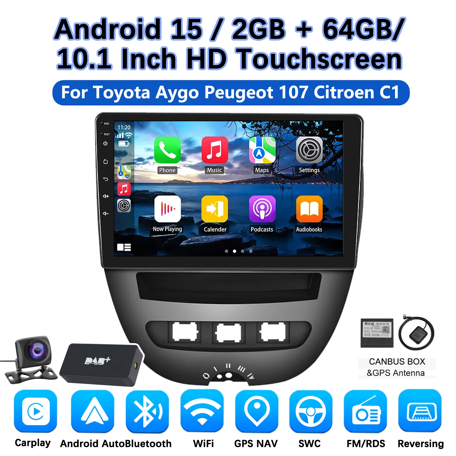 MOPECT 10'' Draadloze CarPlay Autoradio voor Toyota Aygo 2004-2014/PEUGEOT 107/Citroen C1 Android GPS Autoradio FM AM BT DAB+ DVR