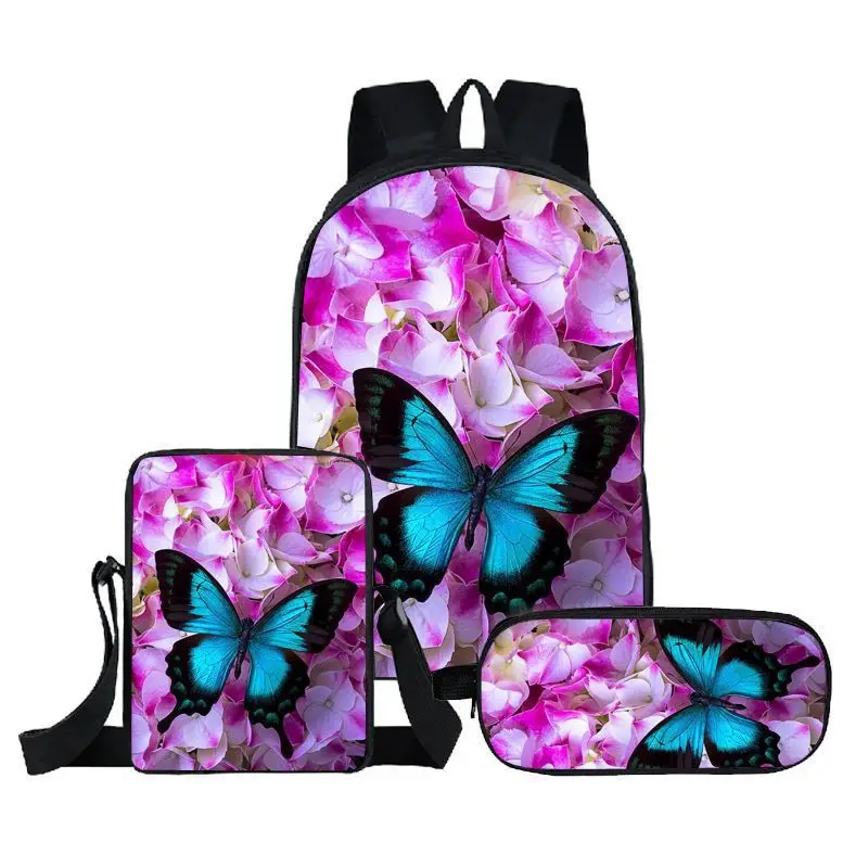 Popular Classic Trendy  butterfly 3D Print 3pcs/Set pupil School Bags Laptop Daypack Backpack Inclined shoulder bag Pencil Case