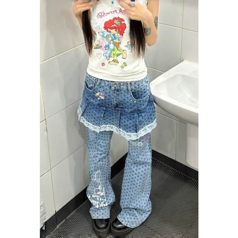 

Commute Sle Fake Two-Piece Glitter Diamond Star Denim Skirt Pants Micro Flare Long Trousers Women's Premium Jeans Summer