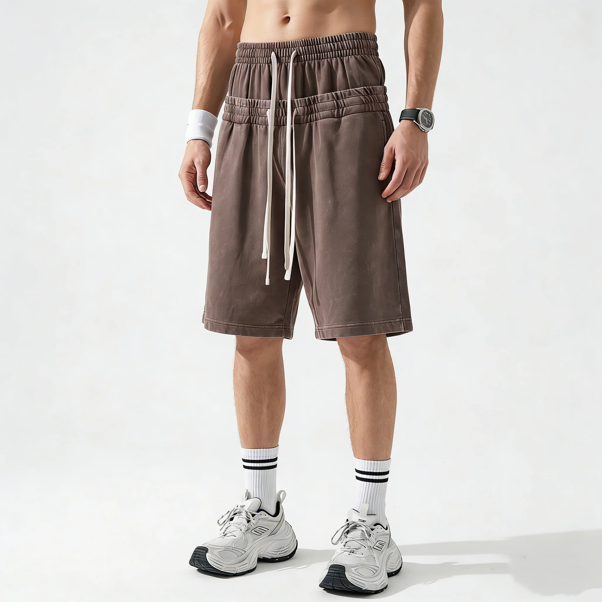 

Мужские хлопковые шорты в стиле стритвир: свободные, с двойным поясом, винтажные, с эффектом потертости, с принтом «снежинки», повседневные, для спортзала