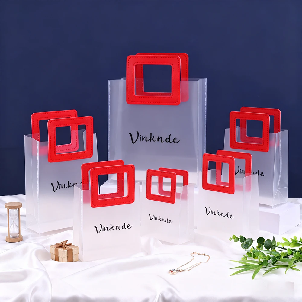 

PP Plastic Frosted Transparent Tote Shopping Bags Square Bottom Bag With Handle Personalization Logo Birthday Wedding Gift Pouch