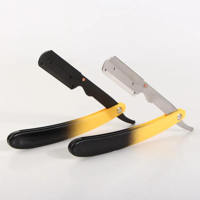 Stainless Steel Straight Edge Razor Yellow ABS Handle Barber Shop Beard And Hair Trimmer Portable Manual Folding Shaving Holder