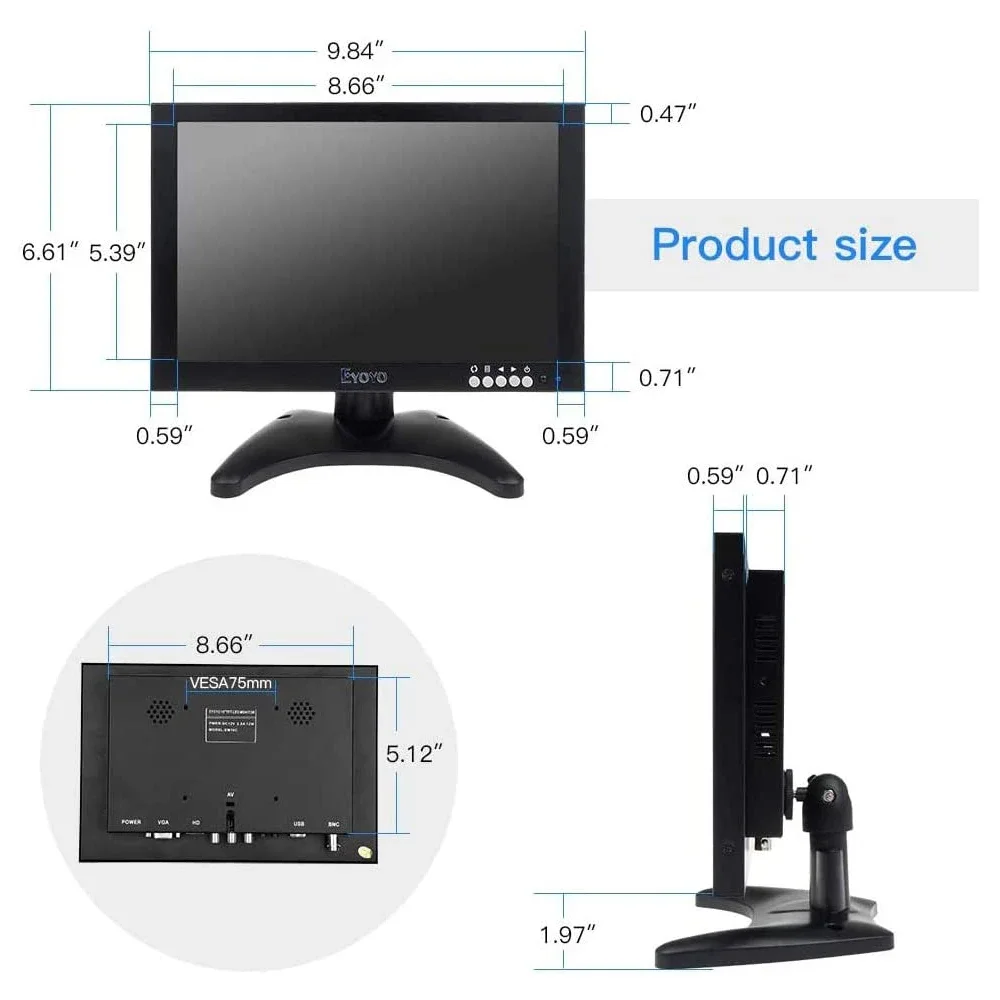 Imagem -05 - Eyoyo Em10c 10 Ips Lcd Monitor Metal Shell 1920x1200 Full hd Display de Vídeo com Entrada Bnc Vga Usb e Alto-falante para Fpv Dvd