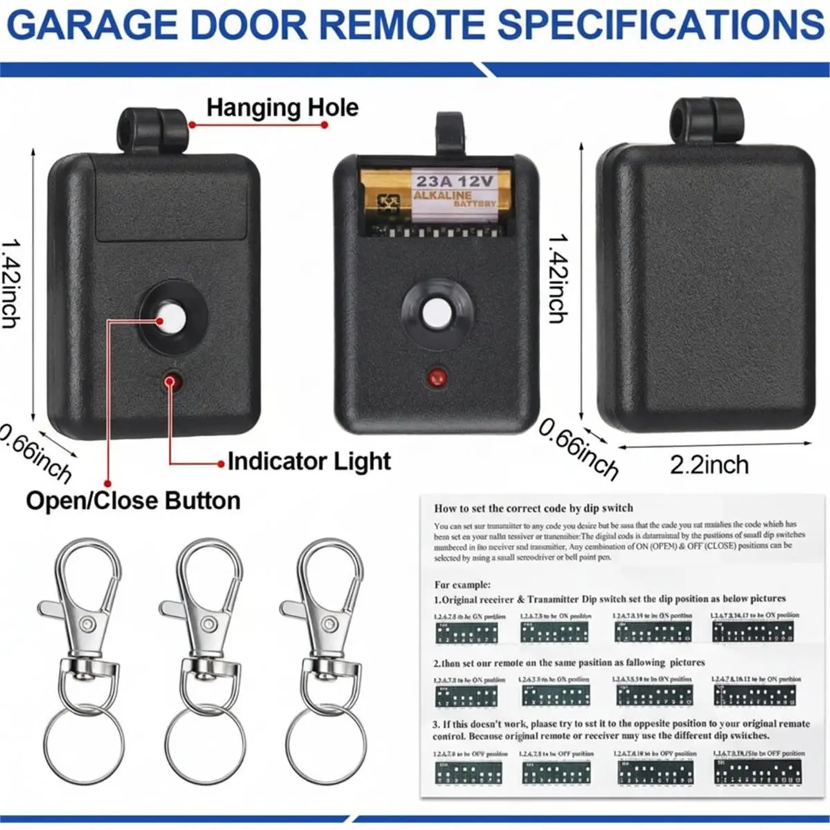 PREMIUM QUALITY 3 Pack 1 Channel Keychain Garage Door Remote for Linear DNT00026, -3 310Mhz 12V Power Miniature Garage Door Open