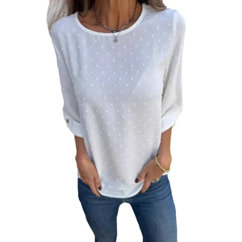 Women Swiss Dot Jacquard Blouse O Neck 3 4 Sleeve Loose Casual Chiffon Fashion Daily Wear Top view 6