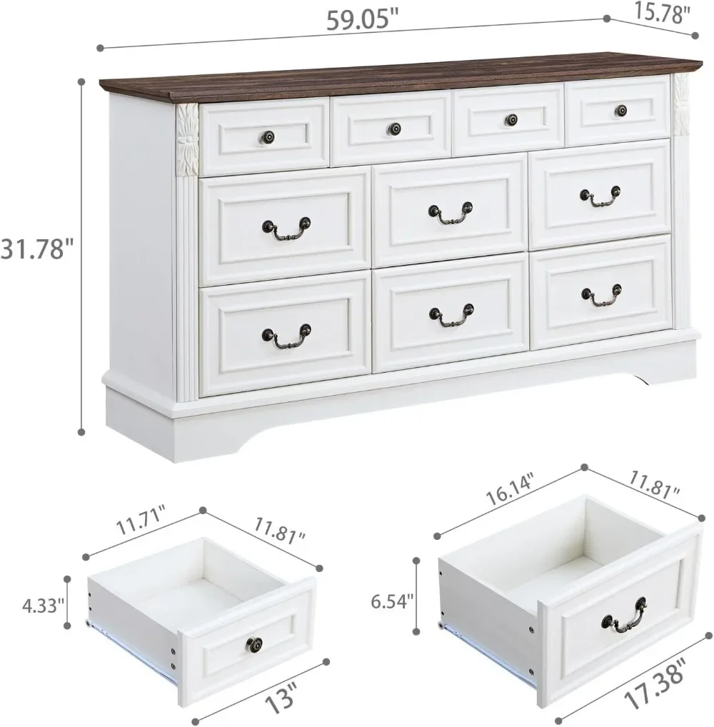 Farmhouse 10 Drawers Dresser, Dressers for Bedroom, 59