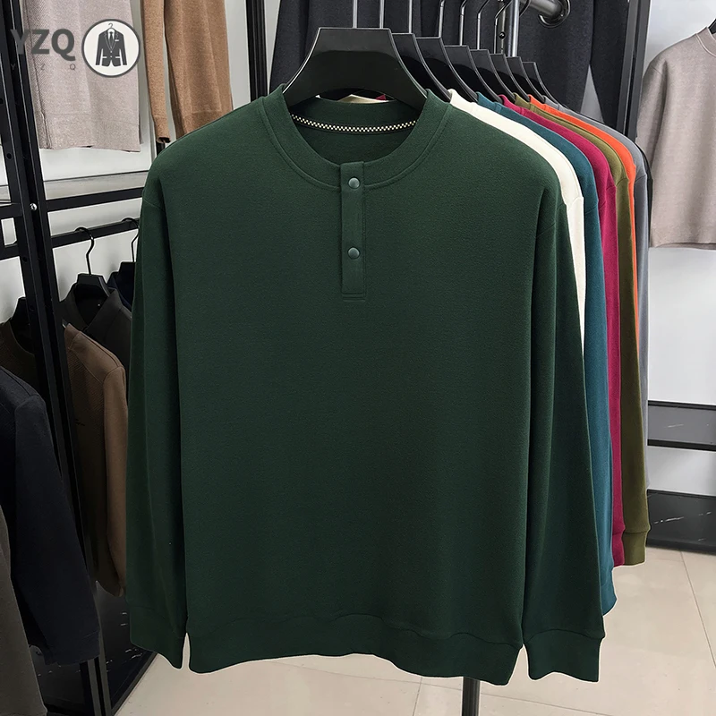 Warm Brushed Knit Henley Long Sleeve Top For Males Crew Neck Half Button Loose Cut Street Style Apparel