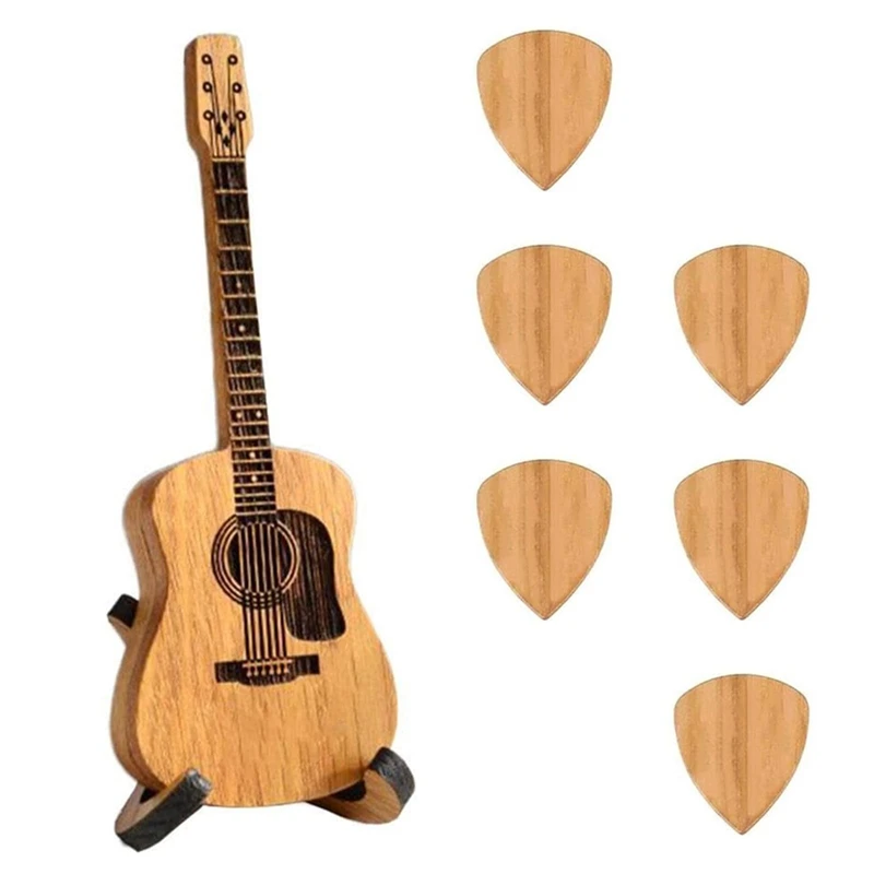 Wooden Guitar Pick Box With Stand - 6PCS Unique Guitar Picks,Mini Storage Box For Guitarists,Musician Engraved