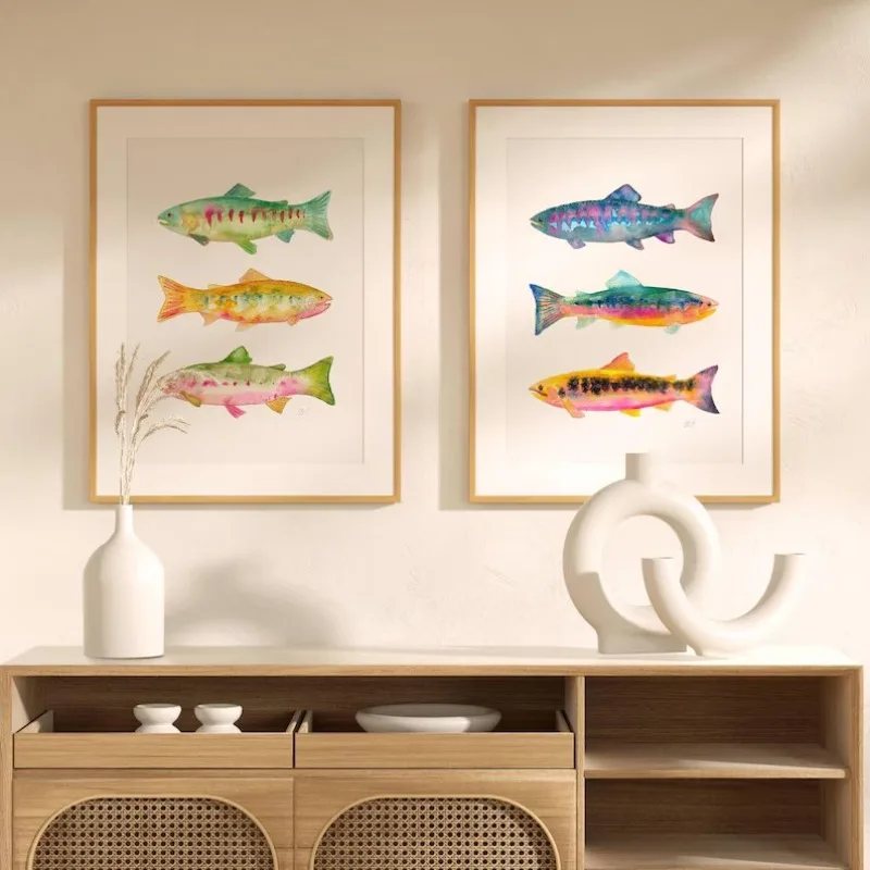نابضة بالحياة المائية سمك السلمون المرقط الأسماك المشارك الحديثة بحيرة الأسماك الصيد حائط لوح رسم الفن صياد غرفة ديكور المنزل هدية لأبي