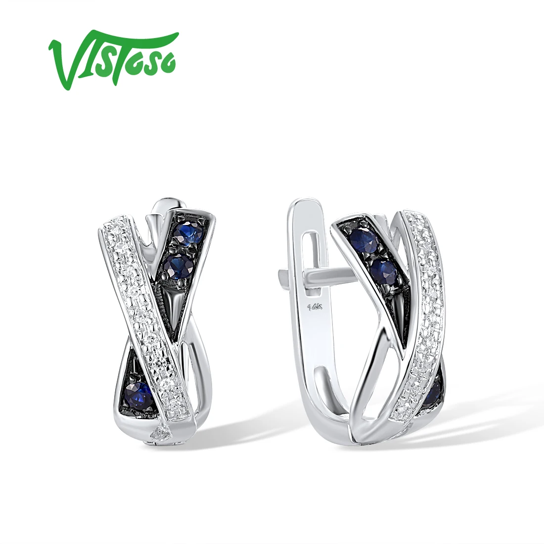 

VISTOSO Genuine 14K 585 Rose White Gold Earrings For Women Sparkling Diamond Blue Sapphire Cross Trendy Fashion Fine Jewelry