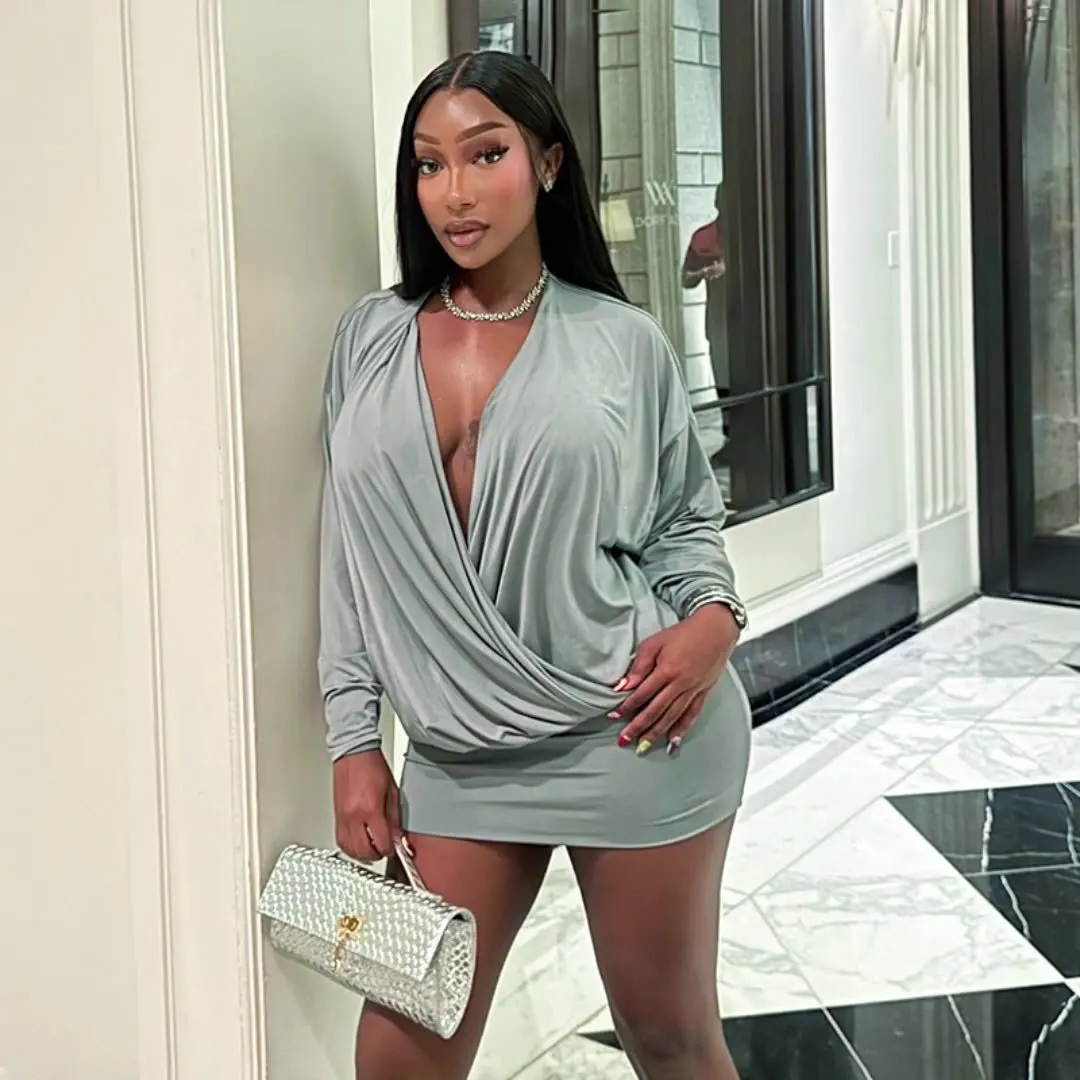Dress Women's Solid Colour V-neck Long Sleeves Fitted Waist Seductive Bodycon Comfortable Minimalist Fashionable Niche Versatile