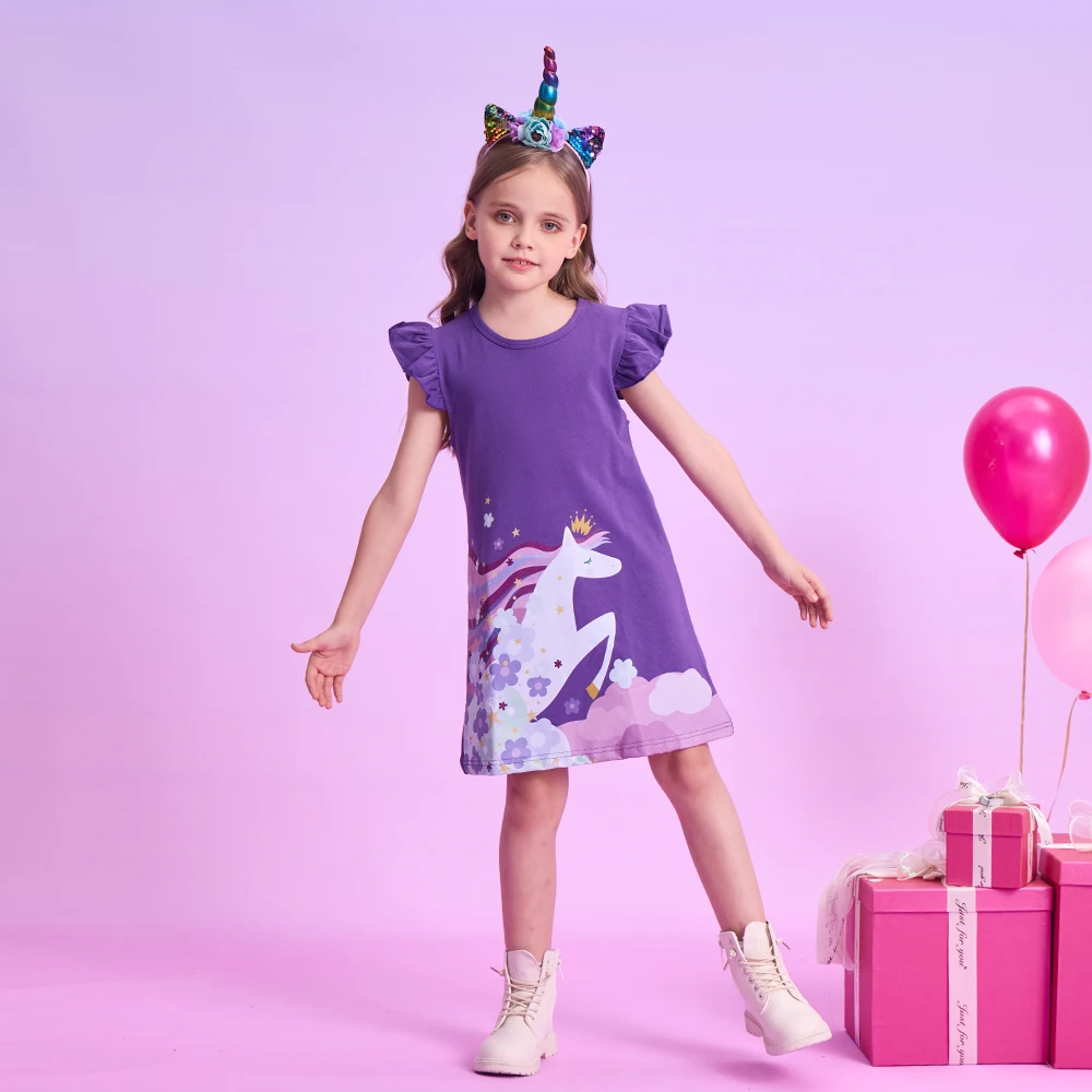 DXTON Summer Children School Daily Costumes Ruffles Sleeveless Girls Cotton Dresses Unicorn Printed Kids Straight Casual Dressws