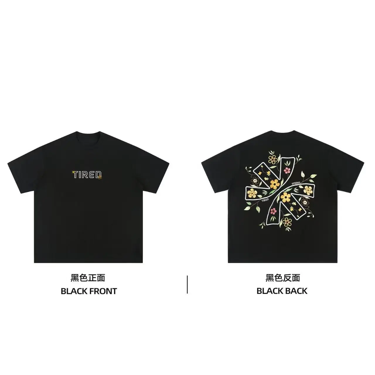 

TIRED American floral print short-sleeved T-shirt a streetwear brand for casual couples