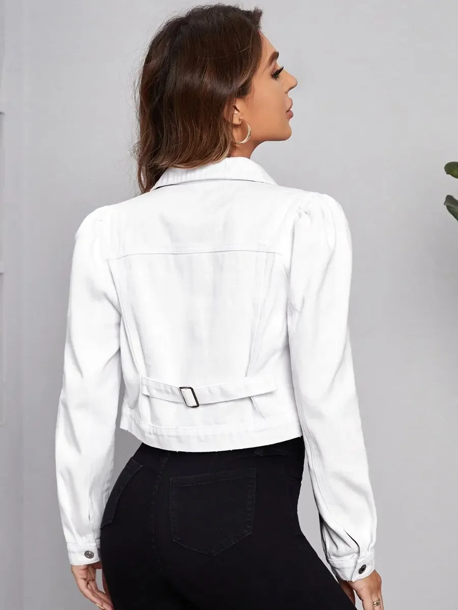

Womens Short White Denim Jacket With Snap Buttons Casual Style