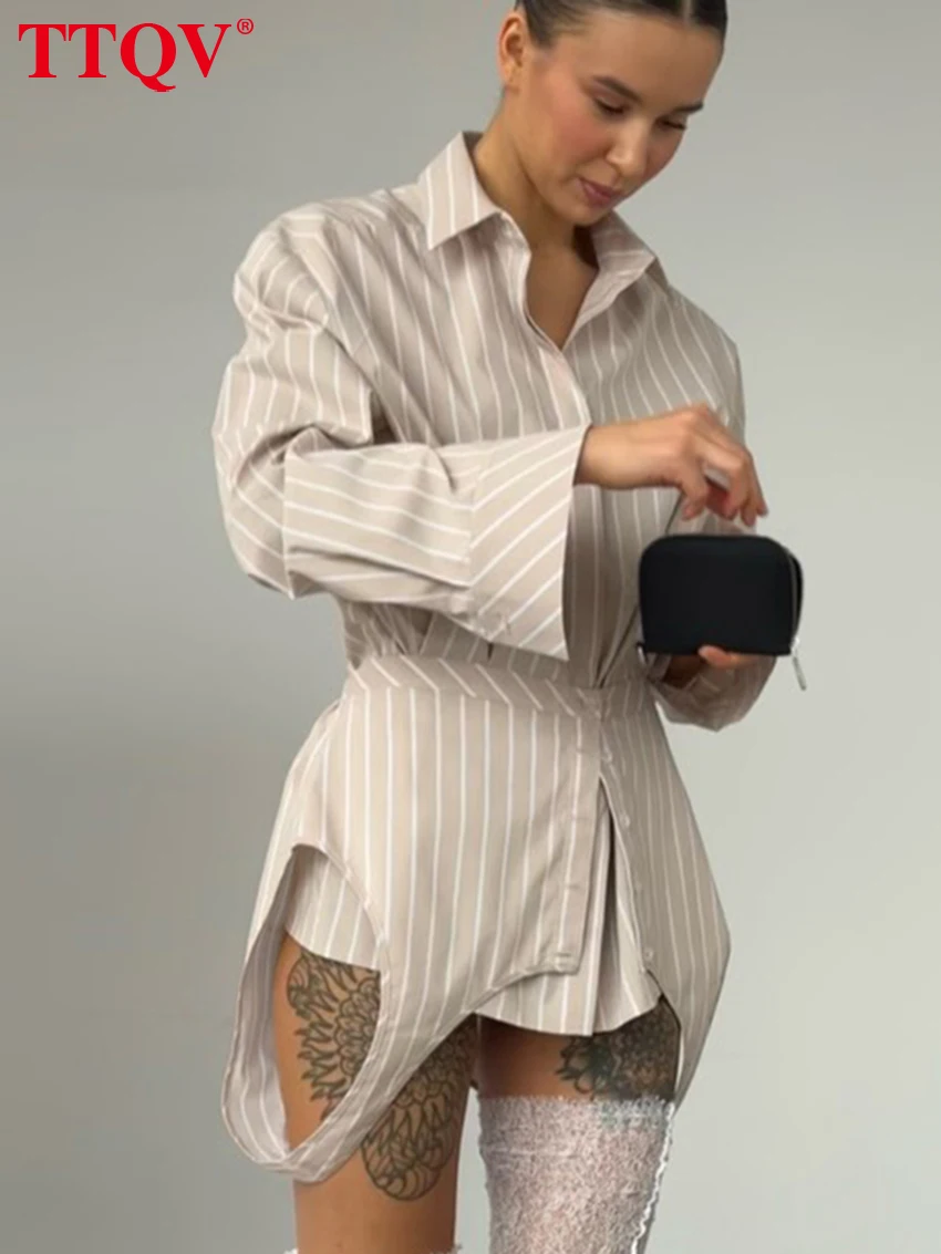 

TTQV Весенняя свободная женская блузка в полоску с принтом 2026 Модная женская рубашка с лацканами и длинными рукавами Элегантный топ с поясом из 2 предметов для женщин
