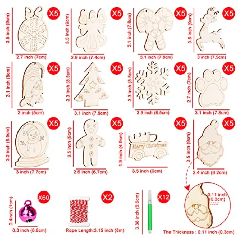 60개 나무 크리스마스 장식품 12가지 스타일 미완성 나무 조각 장식품 DIY 크리스마스 장식 세트 벨 포함 컬러 마커
