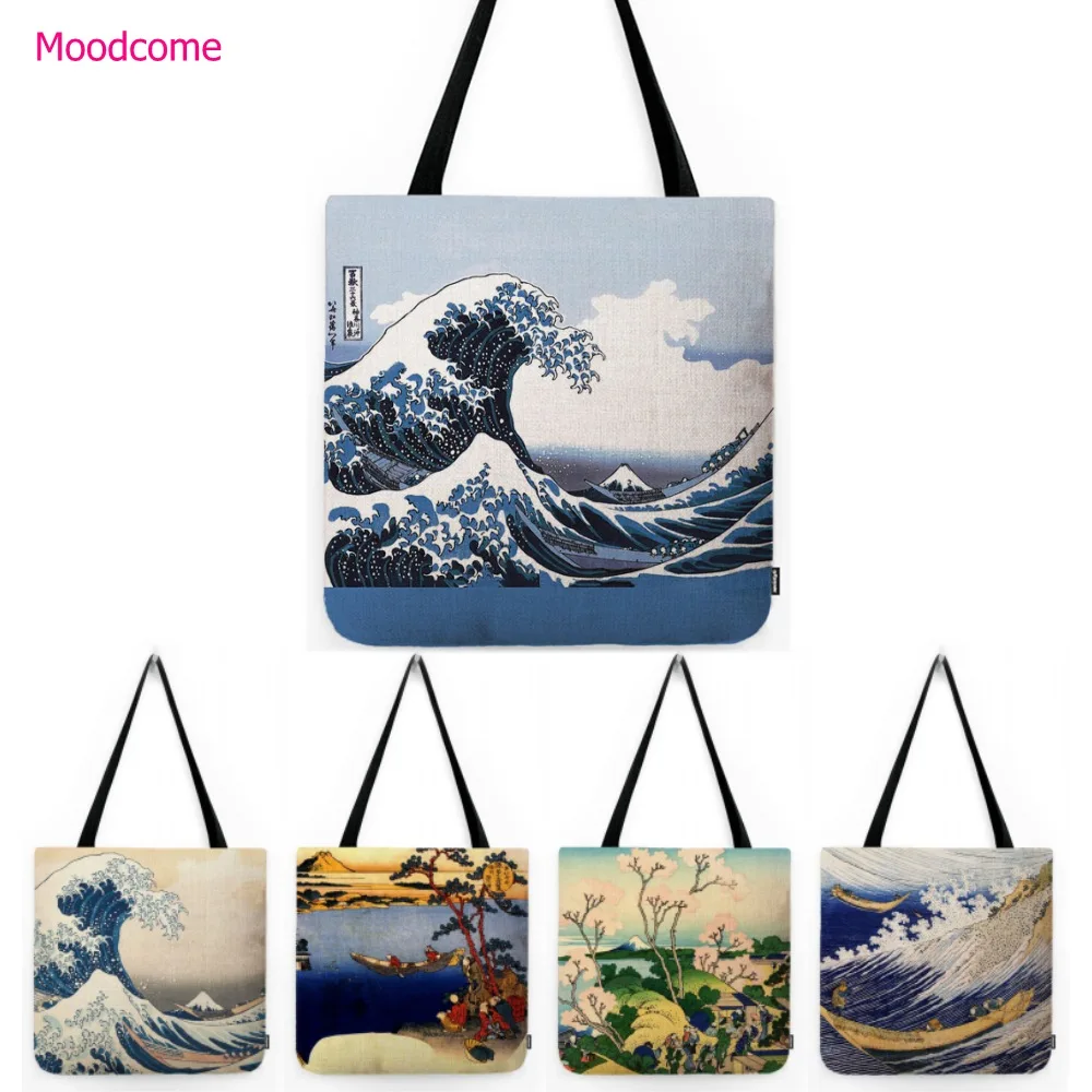 Japanese Wood Carvings Great Waves Hiroshige Mount Fuji View Oil Painting Water Resistant Canvas Handbag Large Linen Tote Bag