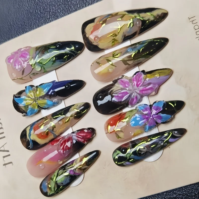 10 stuks handgemaakte manicure medium amandel nepnagels nieuwe schattige 3D beperkte nagels druk op nagels ontwerp met zelfklevende nagelvijlset