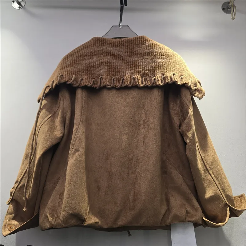 Korean Vintage Knitted Big Lapel Patchwork Faux Suede Coffee Color Short Coat Women Autumn Casual Long Sleeve Female Outerwear