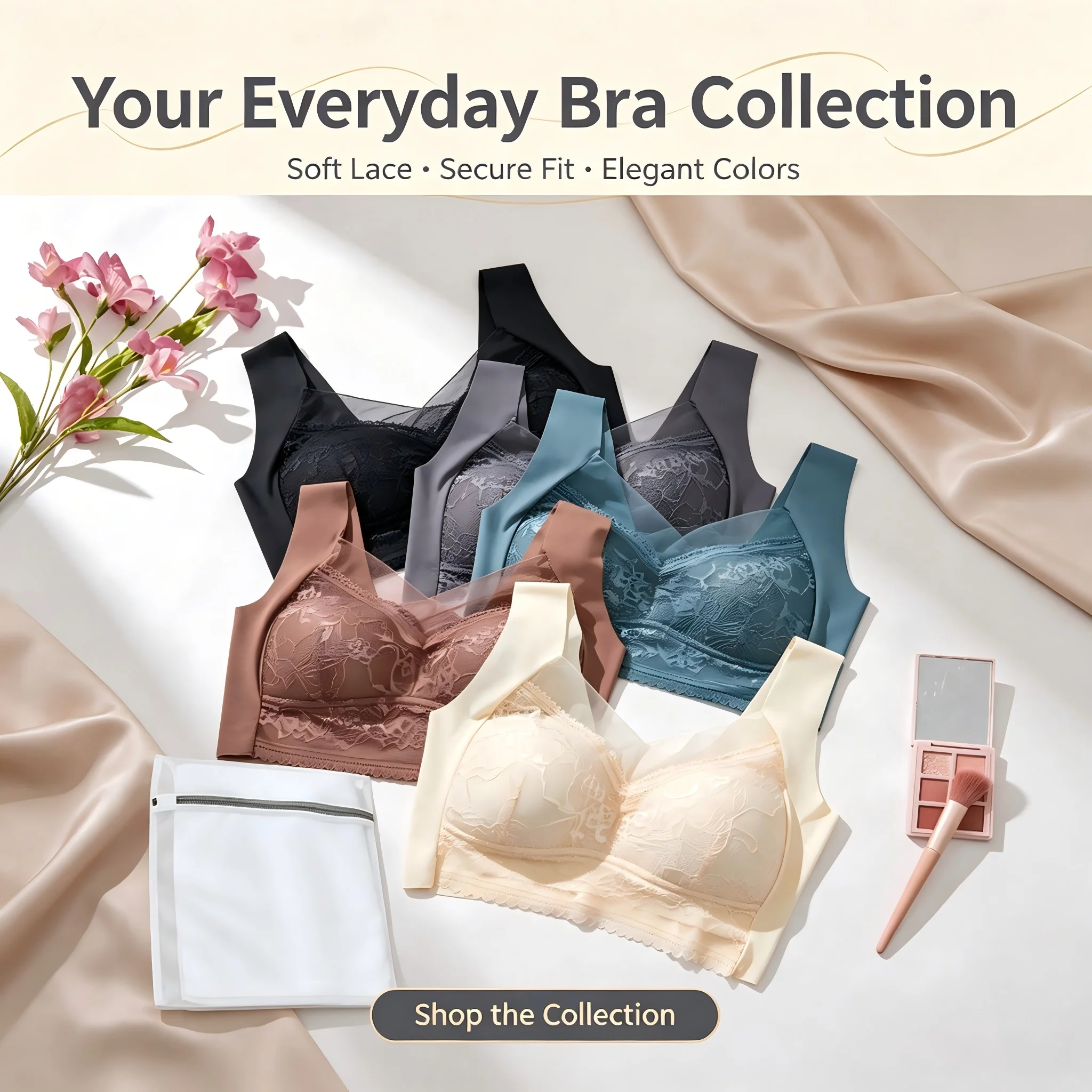 5pcs Women's Elegant Floral Lace Bras - Breathable Comfort Full Coverage, Wire-Free Push-Up Tops, Multiple Colors, Non-Removable Pads5