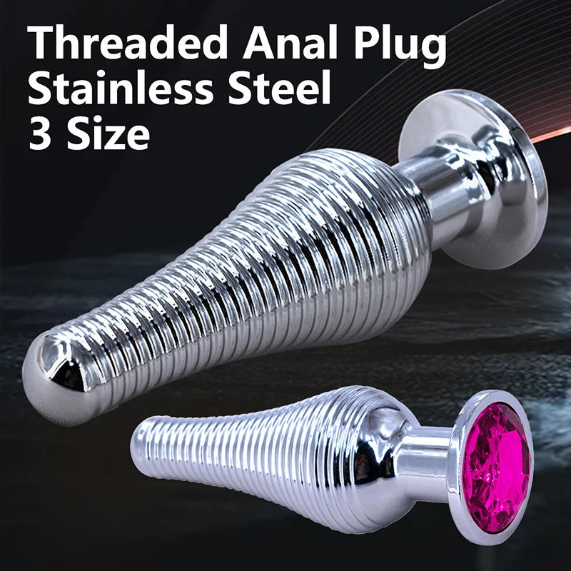 Thread Surface Silvery Stainless Steel Anal Plug Crystal Base Butt Plug Sex Toys For Women Men Adult Toys Anal Toys Sex Shop