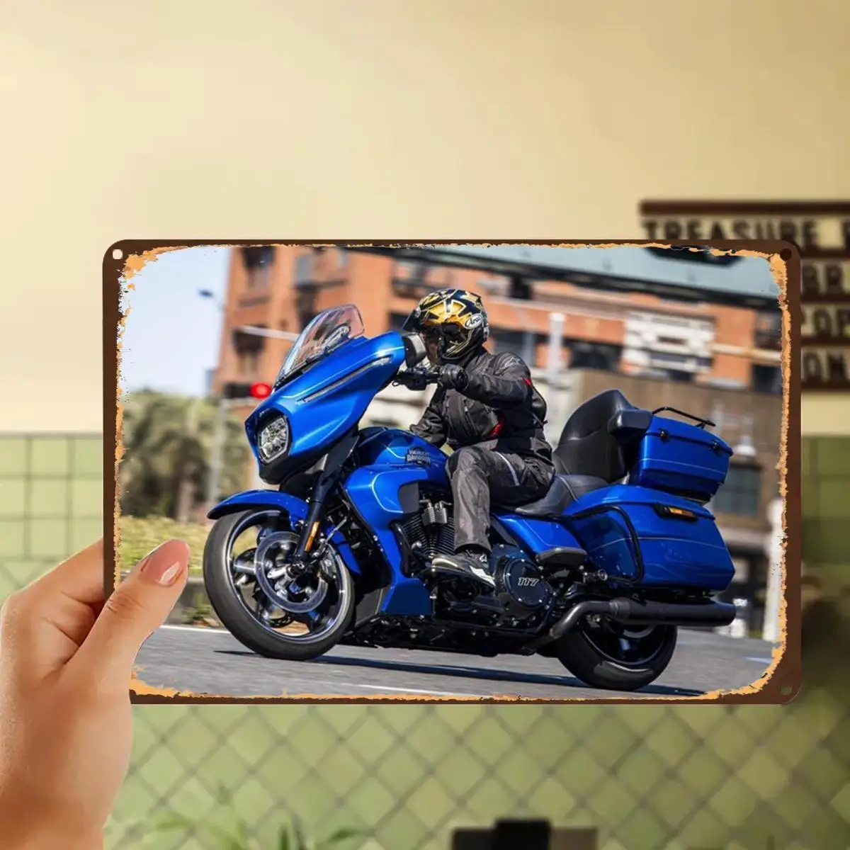 -Davidson Touring Motorcycle Metal Tin Sign - Vibrant Blue Art with Luggage Rack & Rider, Pre-Drilled Holes for Easy Hanging, D