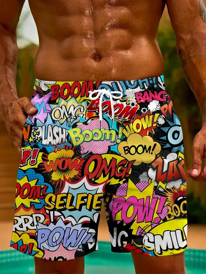 Men's Shorts Fashion Graffiti Pattern 3D Printing Men's Casual Drawstring Shorts New Summer Leisure Quick Drying Sport Trunks