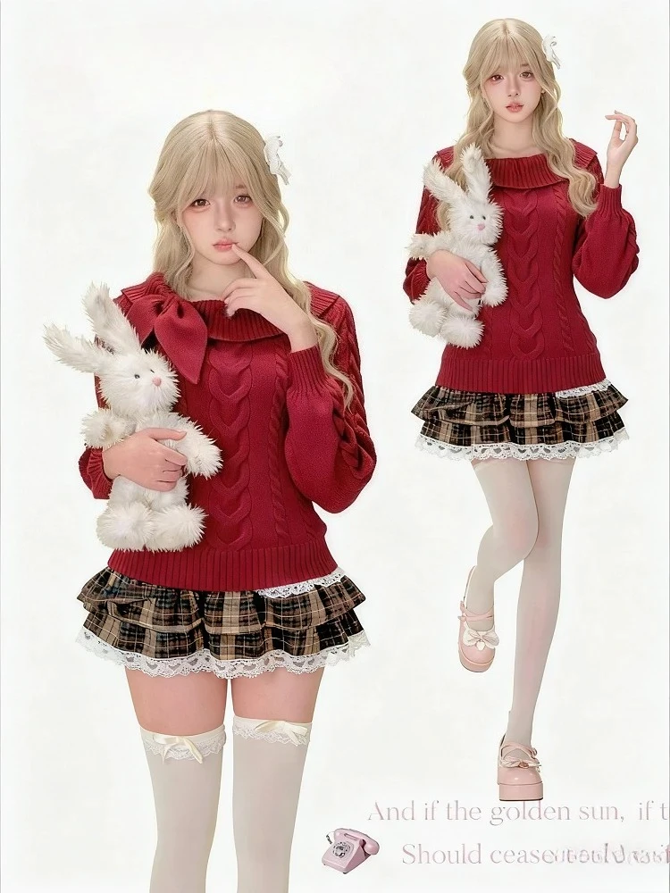 

Рождественский вязаный свитер, женский милый японский пуловер Kawaii с бантом, осенне-зимний тонкий красный джемпер Y2k, винтажная одежда