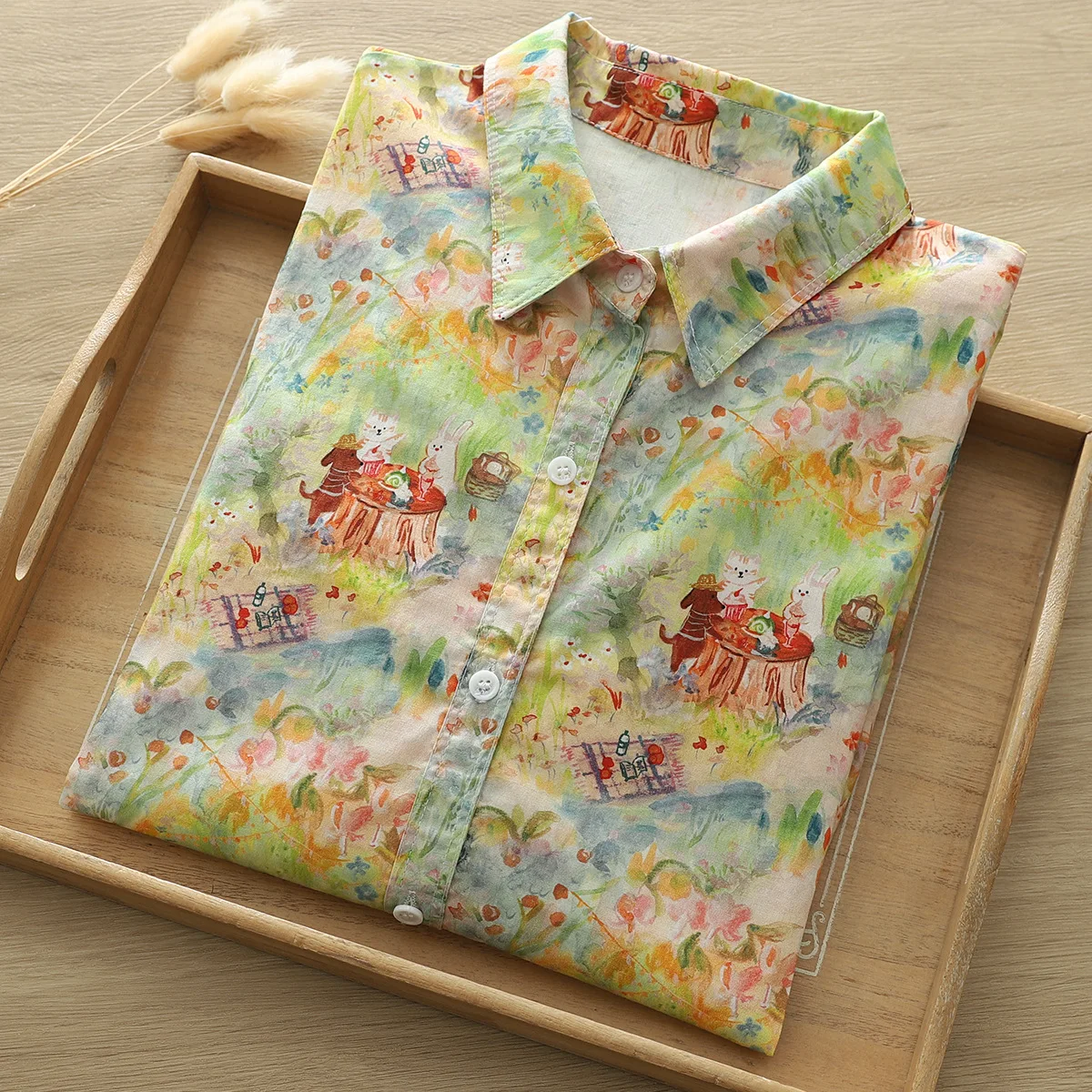 New Autumn Cotton Shirt For Women, Long Sleeve Oil Painting Kitten Tops, Sweet Cute Loose Blouses, 2024 Spring New T41535QM