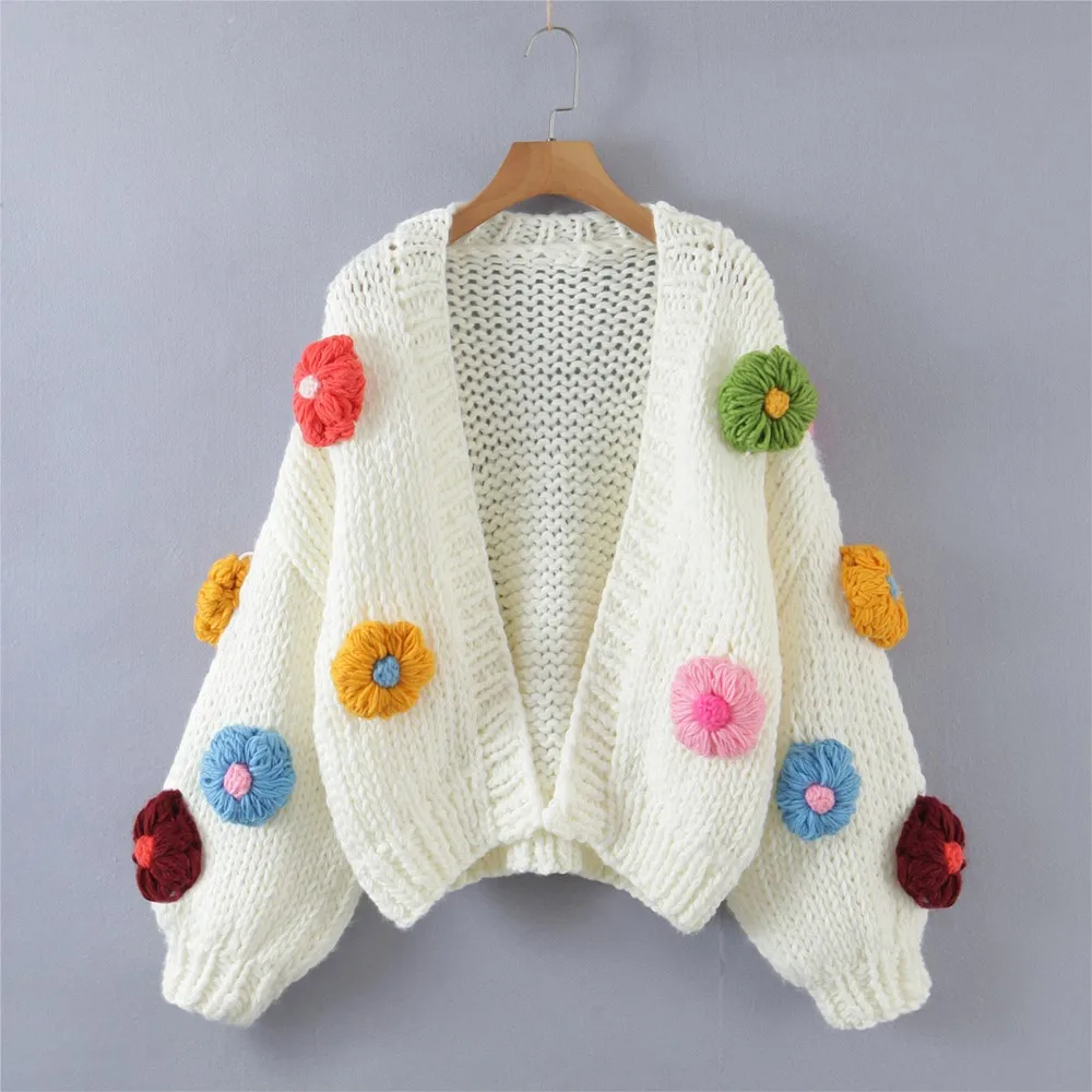 Dolce bianco Appliques 3D fiore colorato a mano Cardigan all'uncinetto donna scollo a V manica lanterna maglione corto maglione oversize