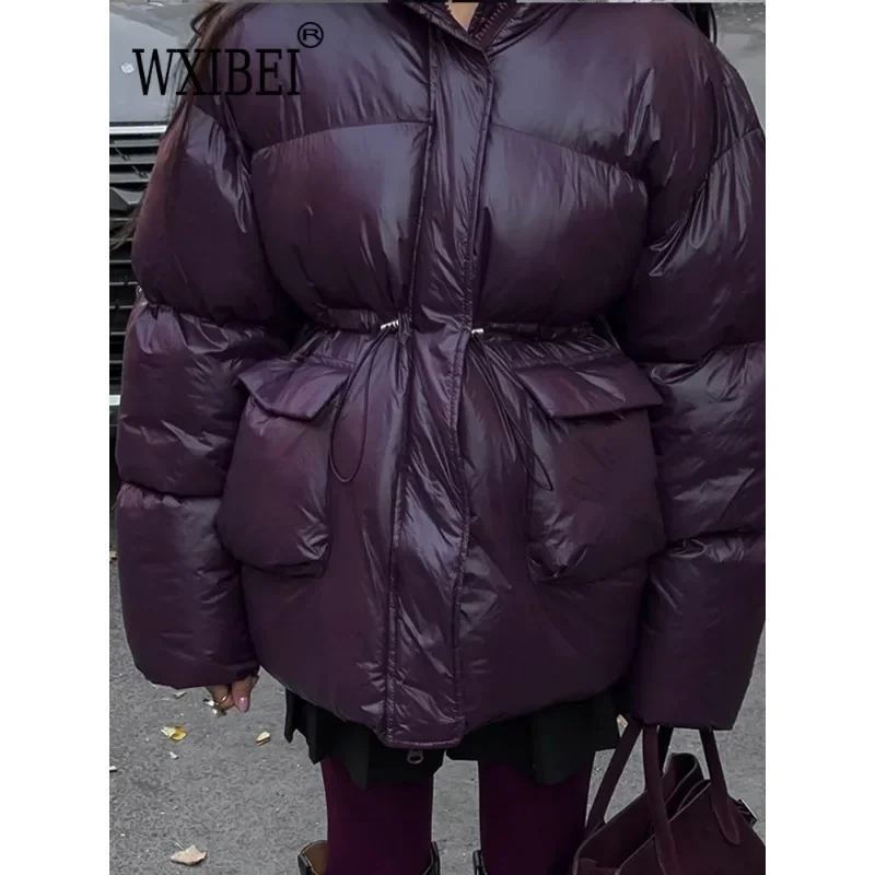 2024 New Burgundy Winter Warm Down Jacket Women Elegant Stand Collar Lace Up Pocket Cotton Coats Autumn Female Street Outerwear