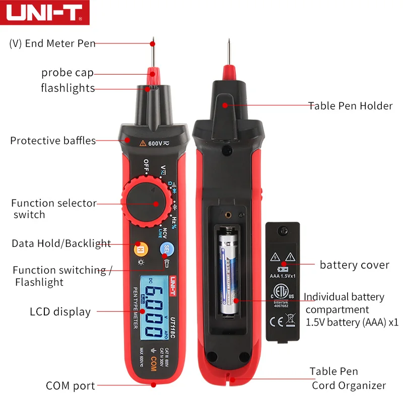 UNI-T 디지털 멀티미터 펜 타입 6000 카운트, AC/DC 전압 계량기 저항 커패시턴스 주파수 다이오드 NCV 멀티 테스터, UT118C