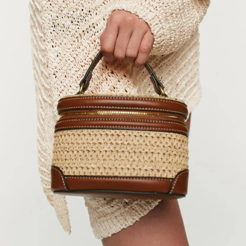 

New Handmade Woven Rattan Shoulder Bag Designe Box Bags Women PU Leather Tote Bag Vintage Women Handbags Purses