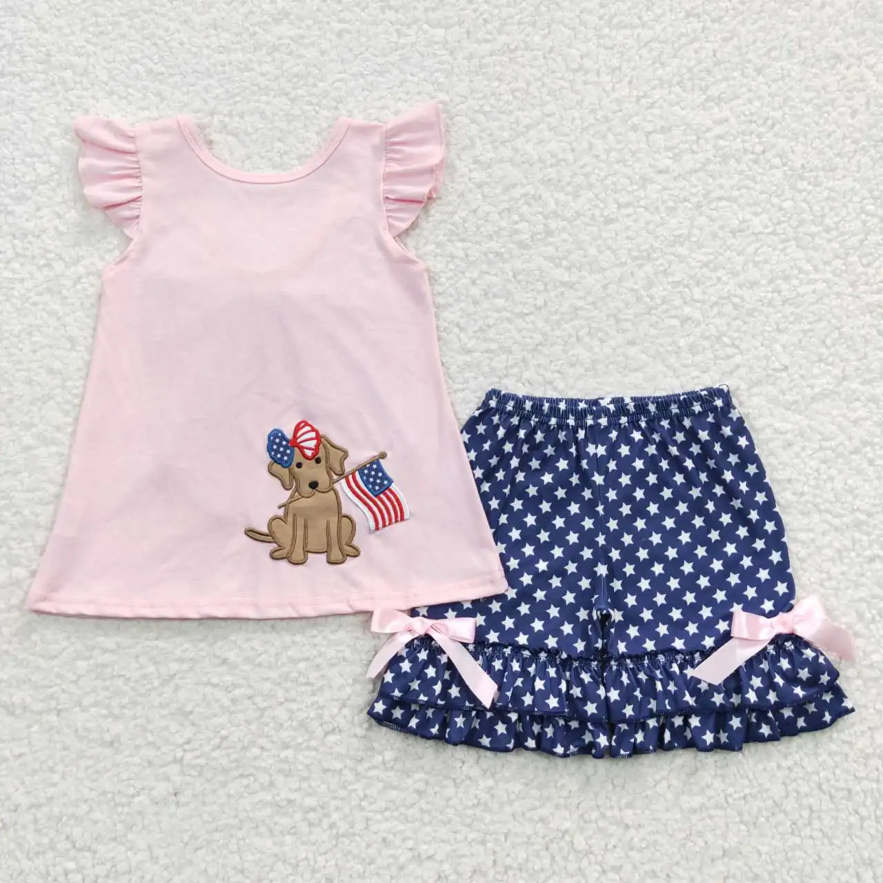 

GSSO0236 kids July 4th clothes Flutter Sleeve Embroidery Top With Shorts 2 Pieces Set Girl Summer Outfits