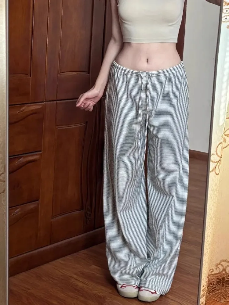 Pantalones informales de pierna ancha y cintura baja para mujer, pantalón fino, holgado, deportivo, para caminar, coreano, Bla, rayas blancas, corte holgado, novedad de verano