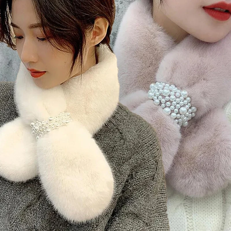 Women Winter Warm Thicken Scarfs Solid Color Pearl Faux Rabbit Fur Plush Cross Collar Scarf Shawl Elegant Warm Soft Scarf Gifts