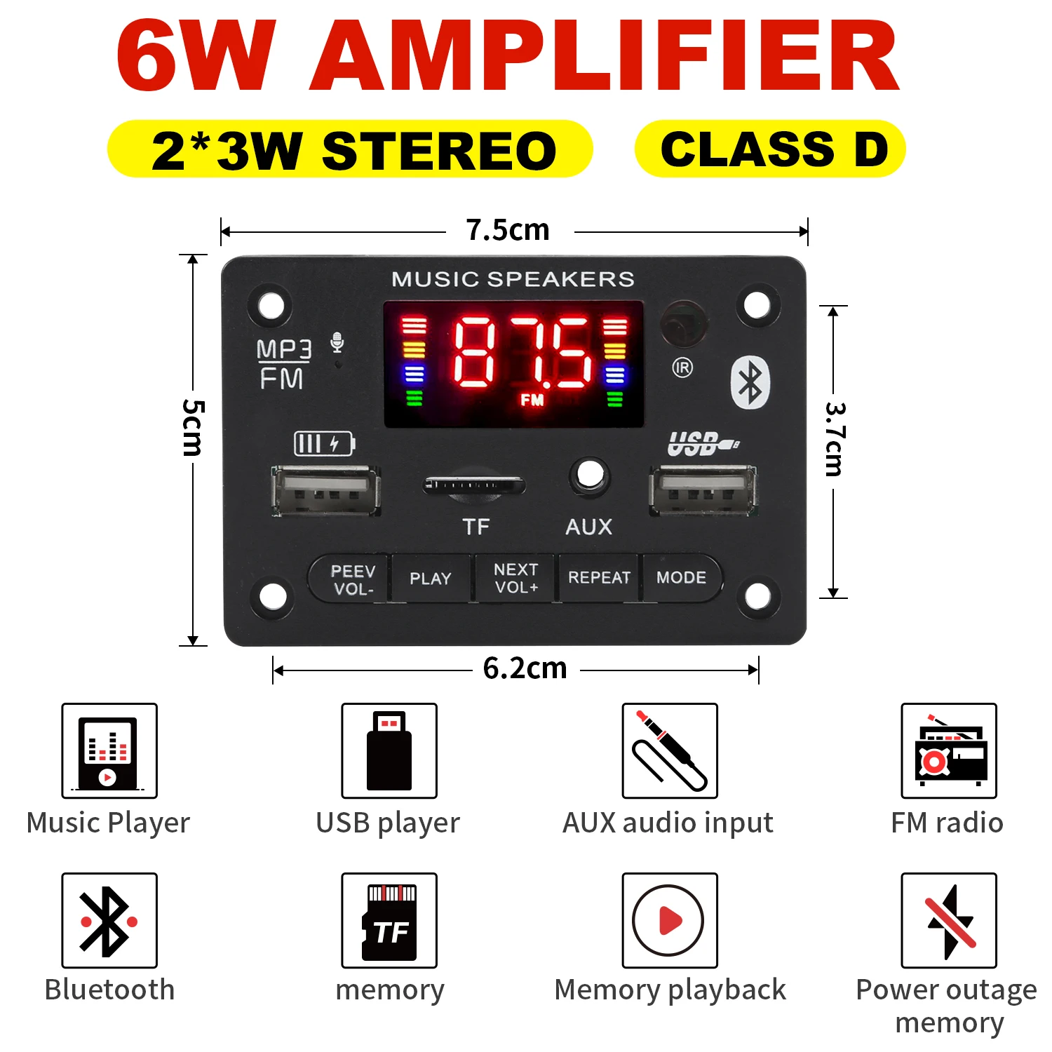 80W/6W Amplifier MP3 WMA WAV Decoder Board USB Charging Bluetooth 5.0 Wireless Music Player 12V Car FM Radio AUX Call Recording