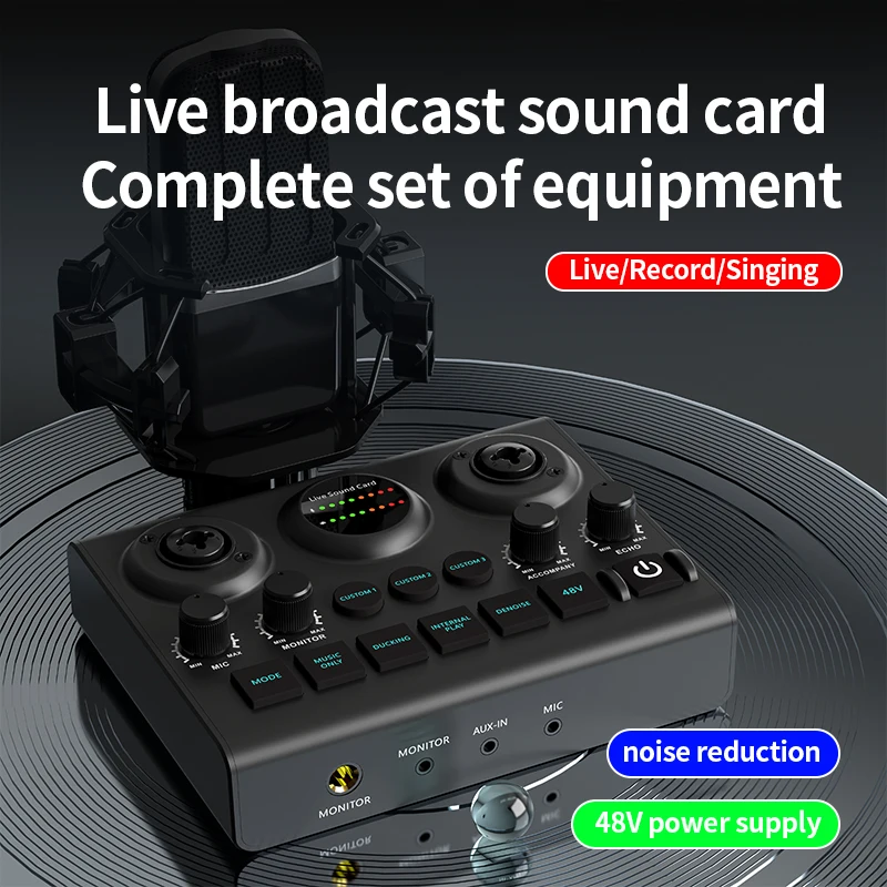 F10 Live Sound Card Streaming Audio Mixer 48V Phantom Power OTG Lossless Bluetooth Intelligent Noise Reduction Plug and Play