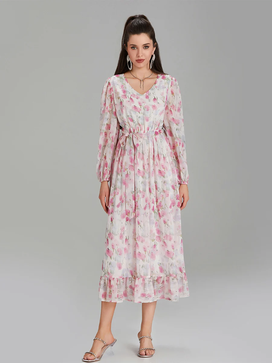 

Women s Long Flowy Dress Elegant Puff Sleeve V Neck Floral Print Ruffle Dress Belted Midi Dress