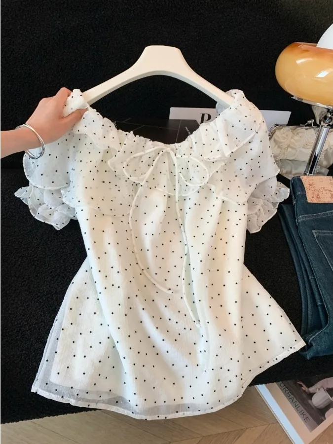 

French Style Pleated Shoulder Short Sleeve Polka Dot Chiffon Shirt Women's Summer New Unique Beautiful Anti-Aging Top
